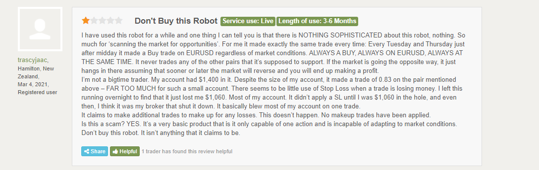 Negative customer review for GPS Forex Robot on the Forex Peace Army website