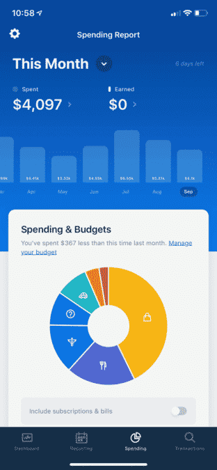 Truebill spending tab