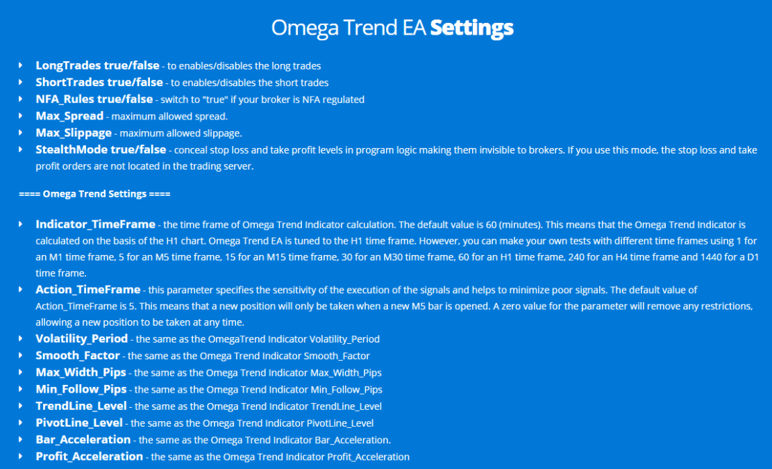 Omega Trend EA settings