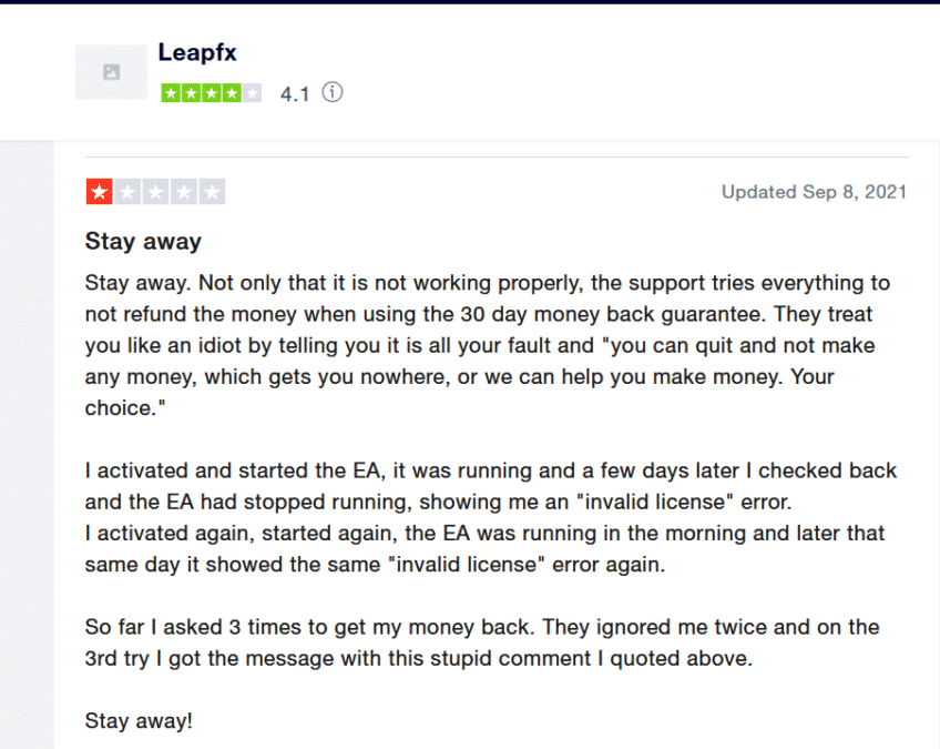 A screenshot of a negative customer review written on Trustpilot