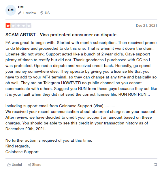 User review for customer support on Trustpilot.