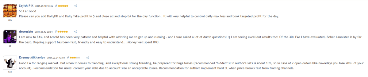 User reviews for Bober Lannister on MQL5