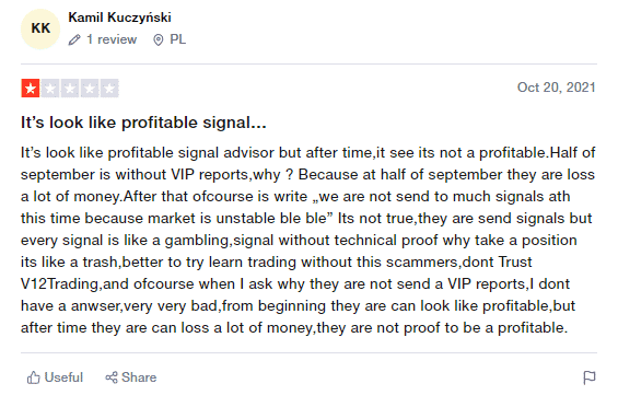 User review for V12 Trading on Trustpilot