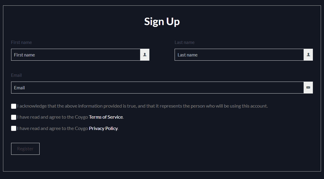 The sign up form