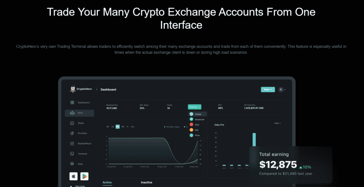 CryptoHero user account interface