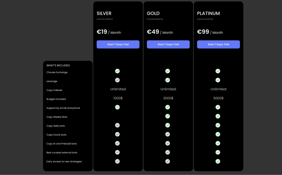 A screenshot of NapBots’ pricing plans